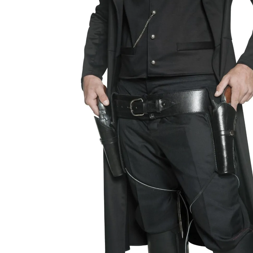 Authentischer Western Gürtel & 2 Holster, Schwarz, mit Bändern für die Beine