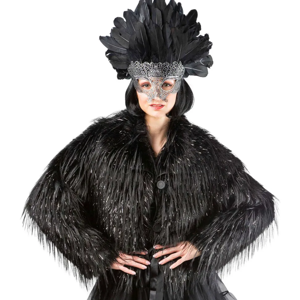 Damen-Kostüm Felljacke schwarz / Rabe, langer Flor mit silbernem Lurex, Gr. S-M