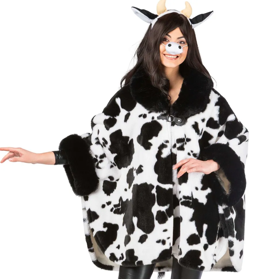 Damen-Kostüm Kuh-Poncho, schwarz-weiß, mit Plüsch-Kragen und -Ärmeln, Einheitsgröße