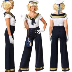 Damen-Kostüm Matrosin Shirt, mit maritimem Kragen, weiß-blau-gold, Gr. 34-36