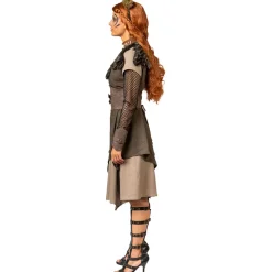 Damen-Kostüm Wikingerin, 2-lagiges Kleid mit Fell-Überwurf, Gürtel und Armstulpen Gr. 34-36