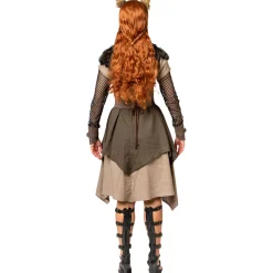 Damen-Kostüm Wikingerin, 2-lagiges Kleid mit Fell-Überwurf, Gürtel und Armstulpen Gr. 34-36