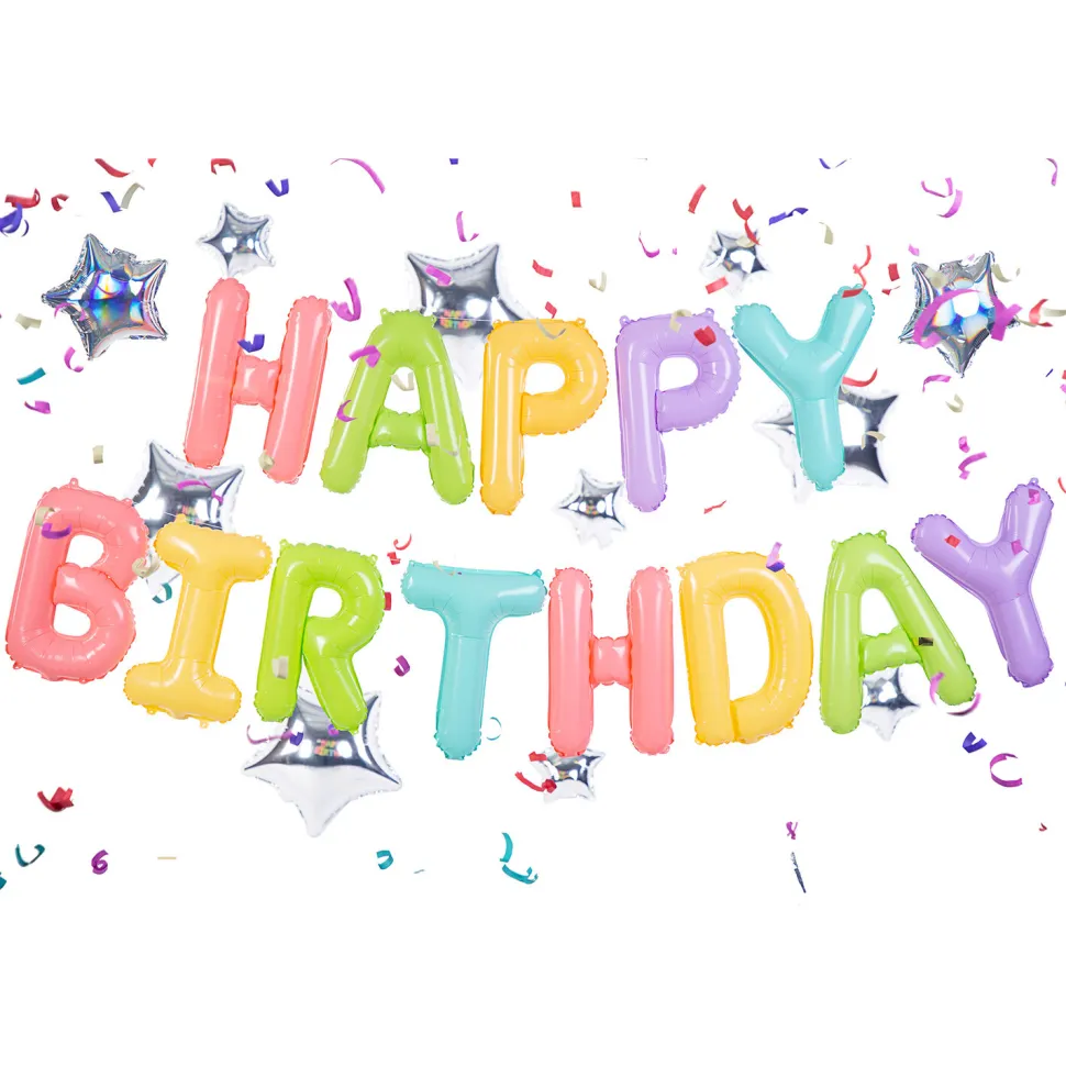 Folienballon Schriftzug Happy Birthday / Geburtstag – 395 × 35 cm – Pastellfarben