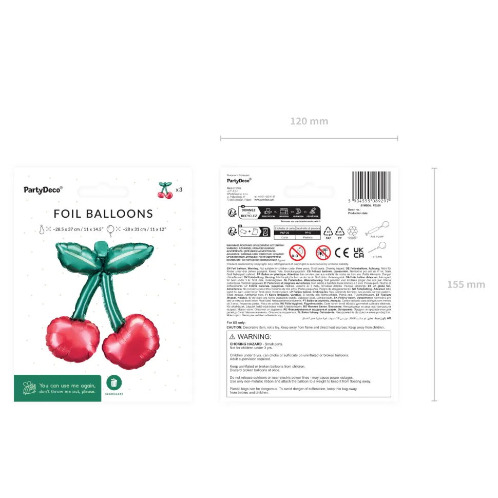 Folienballons Kirschen - 28 × 31 cm - Set mit 3 Stück
