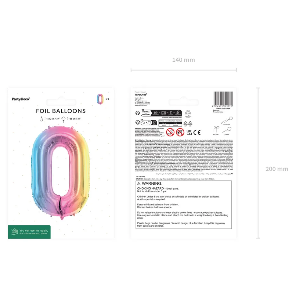 Folienballon Zahl 0 - 86 cm - Pastell Regenbogen