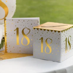 Geldbox 18. Geburtstag, gold-weiß, 20x20x20 cm