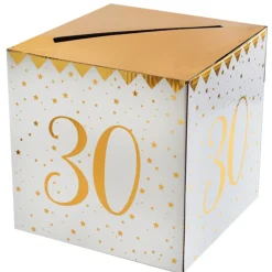 Geldbox 30. Geburtstag, gold-weiß, 20x20x20 cm
