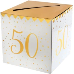 Geldbox 50. Geburtstag, gold-weiß, 20x20x20 cm