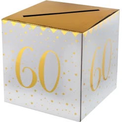 Geldbox 60. Geburtstag, gold-weiß, 20x20x20 cm