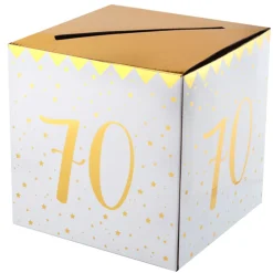 Geldbox 70. Geburtstag, gold-weiß, 20x20x20 cm