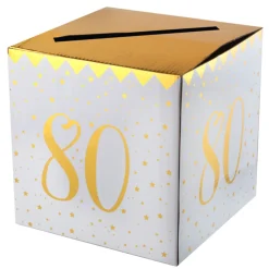 Geldbox 80. Geburtstag, gold-weiß, 20x20x20 cm