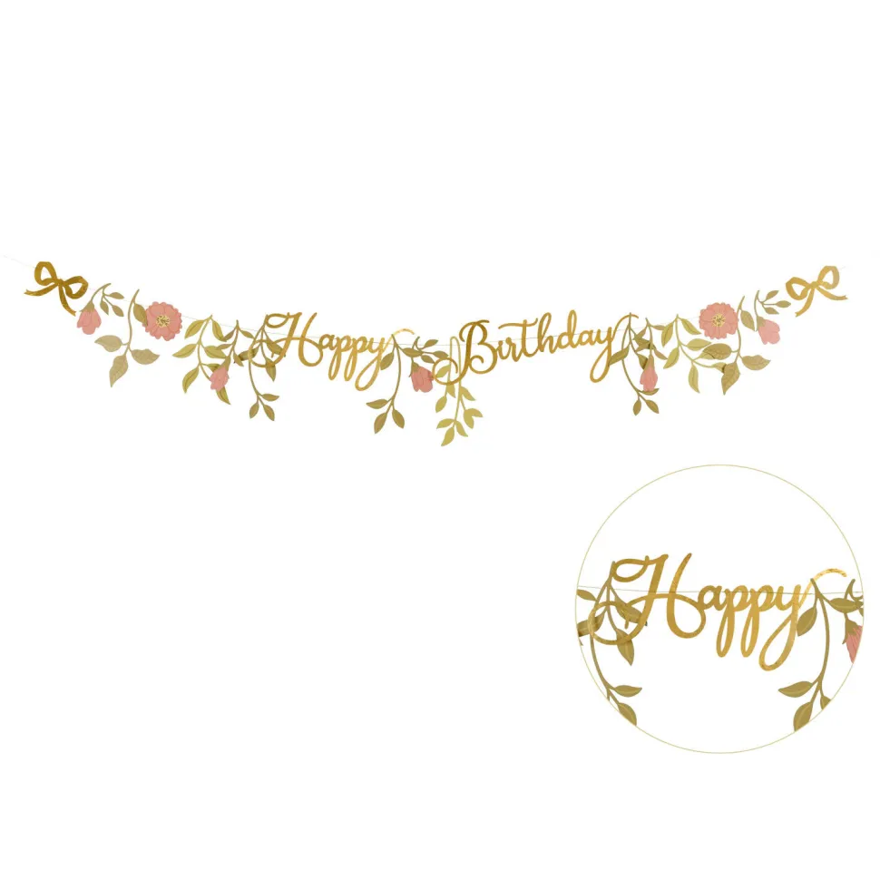 Girlande Happy Birthday / Geburtstag Blumen – Rosa – Gold – Länge: 1,3 m