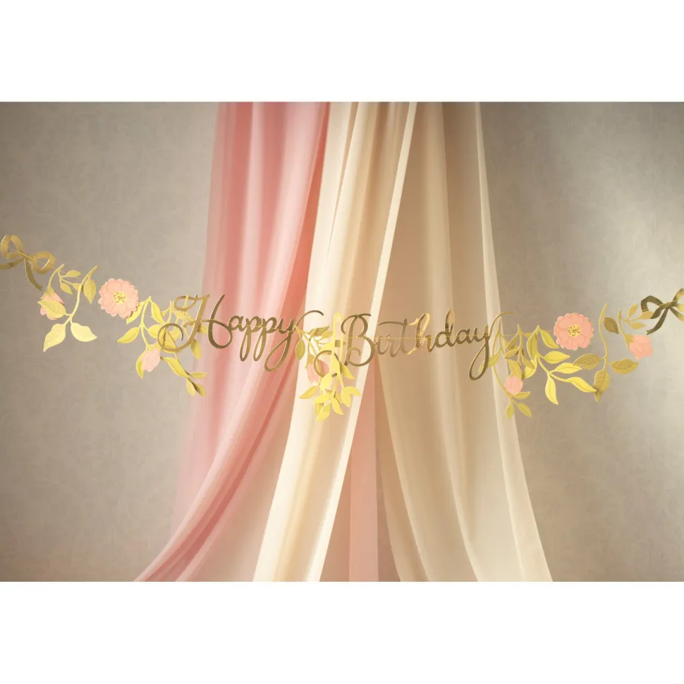Girlande Happy Birthday / Geburtstag Blumen – Rosa – Gold – Länge: 1,3 m