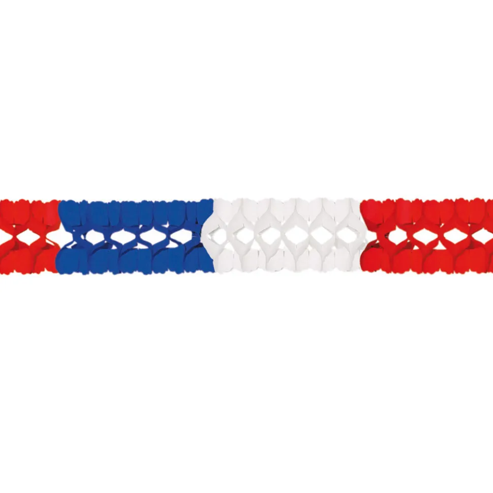 Girlande Seidenpapier, 16 x 16 cm, 4 m lang, schwer entflammbar, Blau-Weiß-Rot, USA / Frankreich