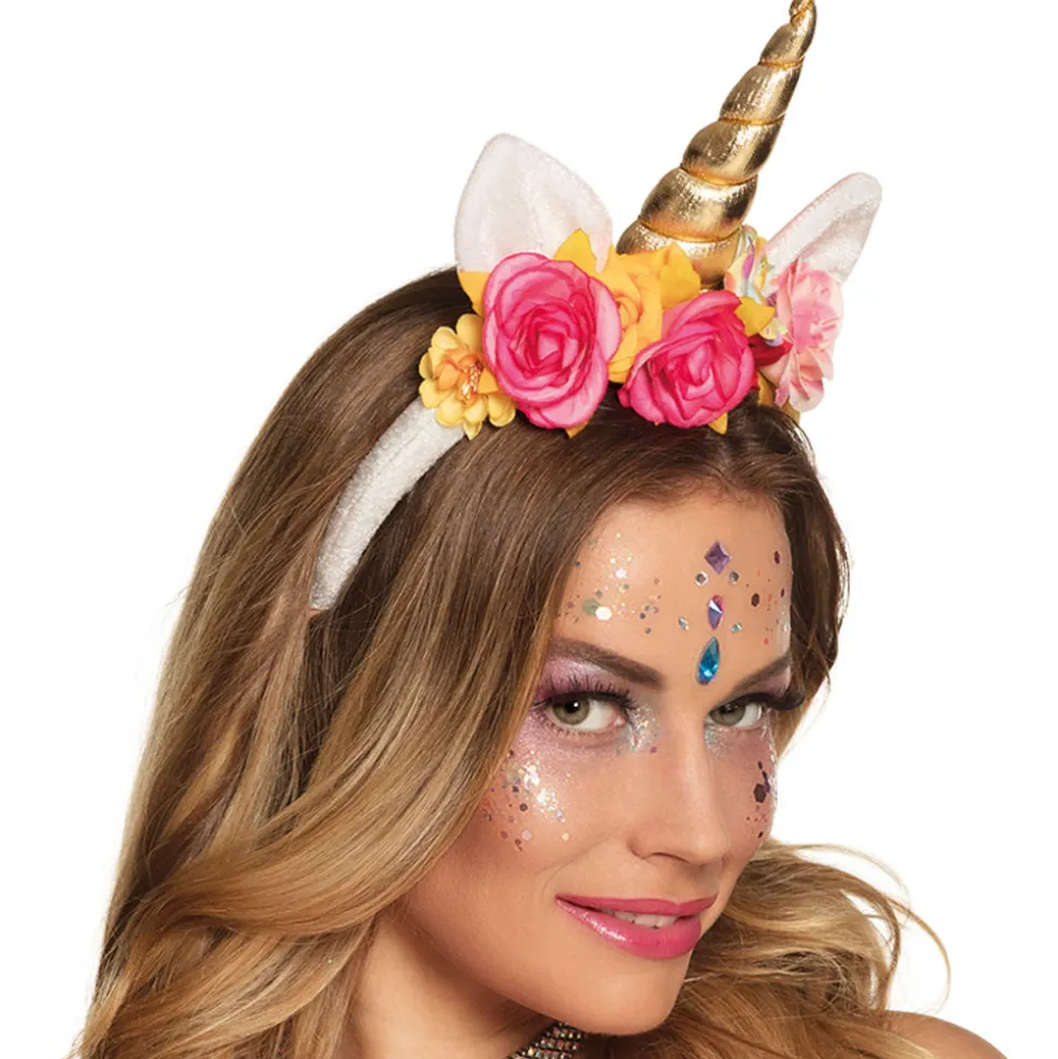 Haarreif goldenes Einhorn, mit Blumenschmuck