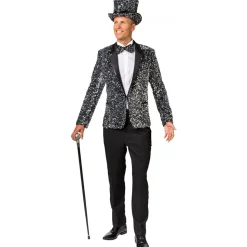 Herren-Kostüm Paillettenjacke Silber, Jackett mit zwei Taschen, Gr. 48
