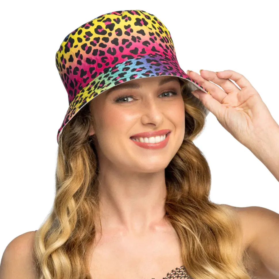 Hut Bucket-Hat Leopard, Neon Regenbogen