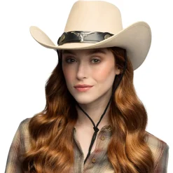 Hut Cowboy Wyatt, mit Stierkopf, Einheitsgröße, Beige