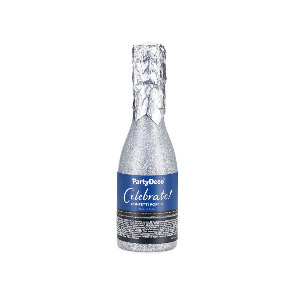 Konfettikanone Form Champagnerflasche - Silber - 20,5 cm