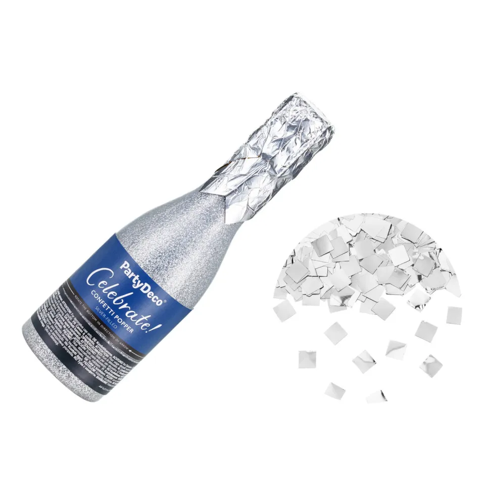 Konfettikanone Form Champagnerflasche - Silber - 20,5 cm