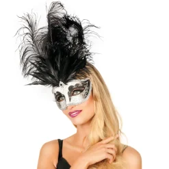 Maske Venedig mit langen Federn, silber