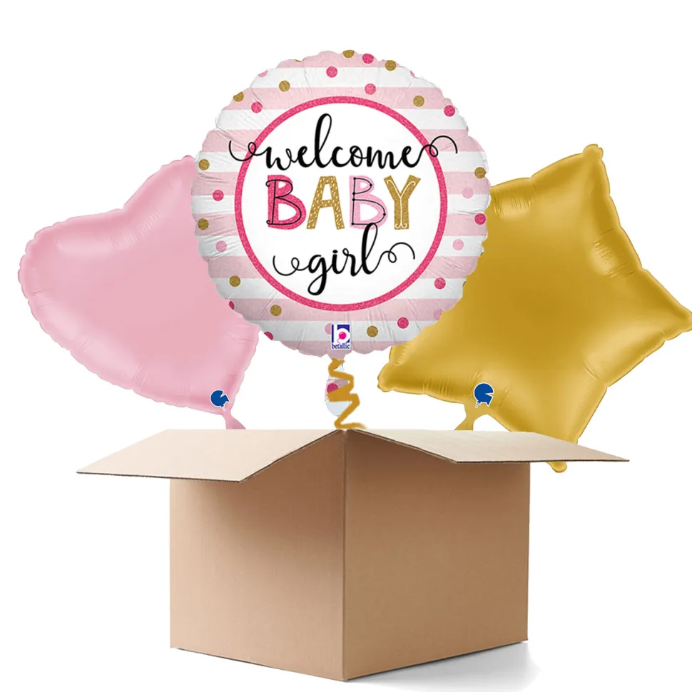 NEU Ballongrüße Welcome Baby Girl Stripes, rosa, 35cm, 3 Ballons