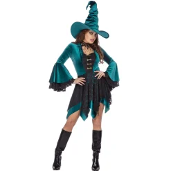 NEU Damen-Kostüm Hexenkleid kurz mit schwarzer Spitze, türkis, Gr. 36
