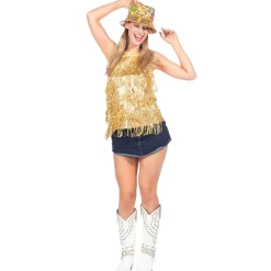 NEU Damen-Kostüm Party-Top metallisch mit Fransen und Pailletten, gold, Gr. S/M