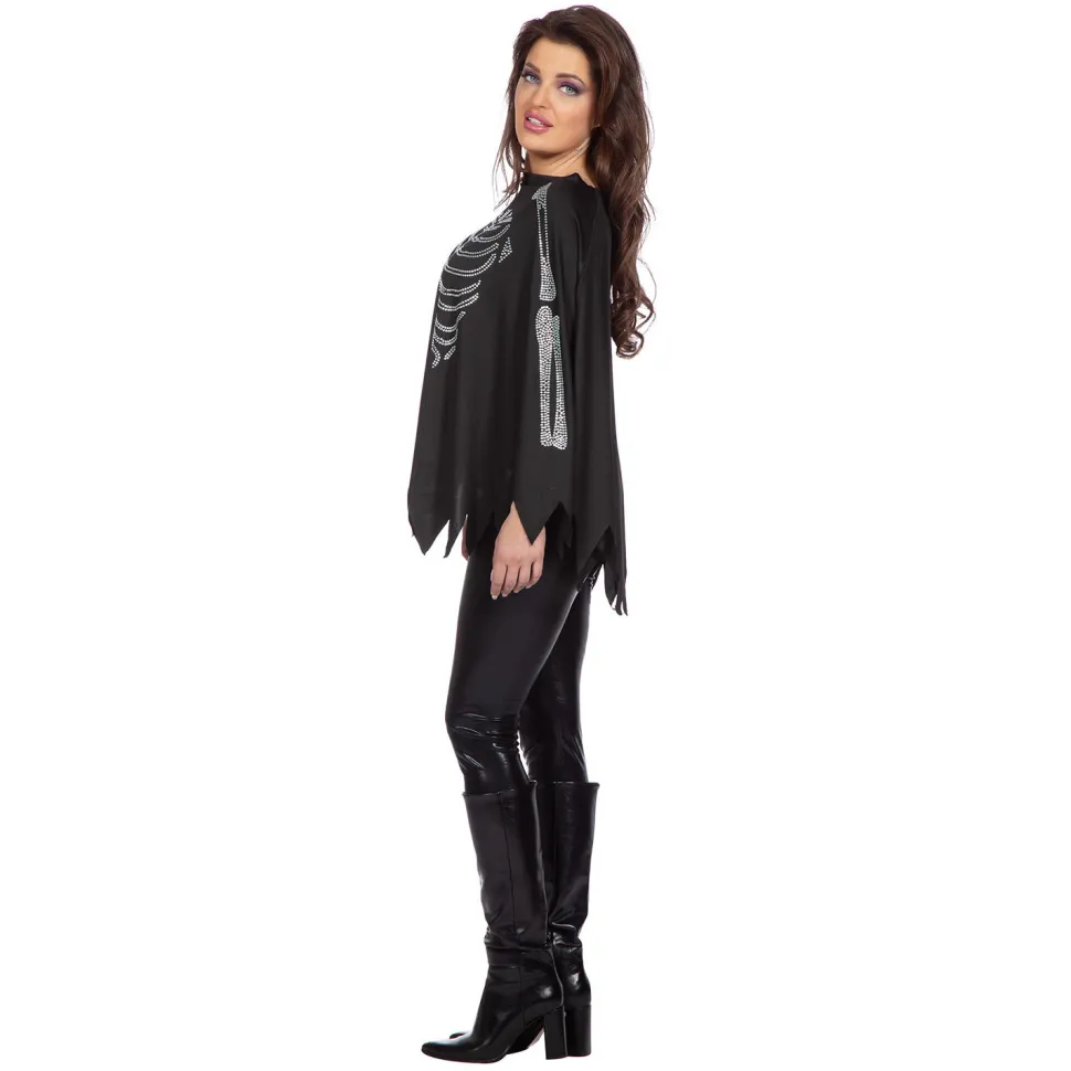 NEU Damen-Kostüm Poncho Skelett mit Glitzersteinen, Einheitsgröße