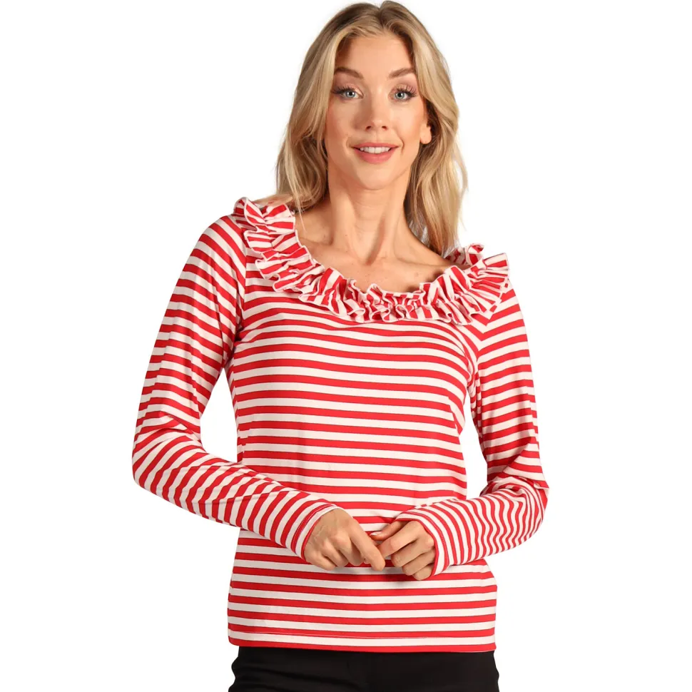 NEU Damen-Kostüm Ringelshirt langarm mit Rüschenkragen, rot-weiß, Gr. XS