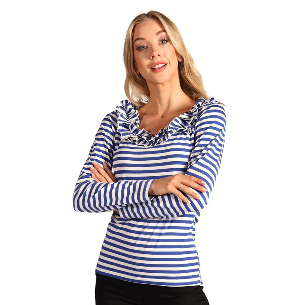 NEU Damen-Kostüm Ringelshirt langarm mit Rüschenkragen, blau-weiß, Gr. XS