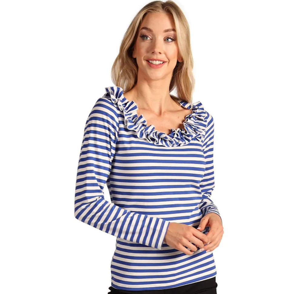 NEU Damen-Kostüm Ringelshirt langarm mit Rüschenkragen, blau-weiß, Gr. XS
