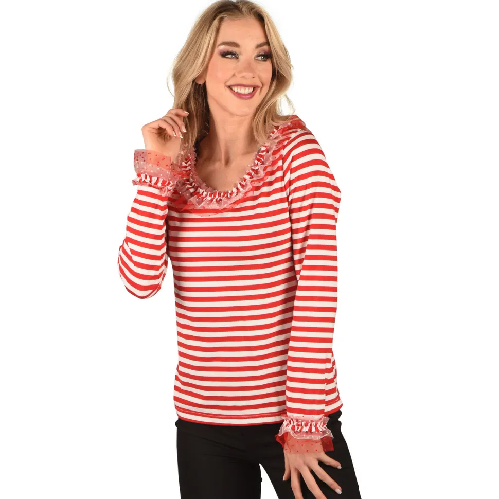 NEU Damen-Kostüm Ringel-Shirt langarm, rot-weiß, mit Rüschenkragen mit Tüll, Gr. S