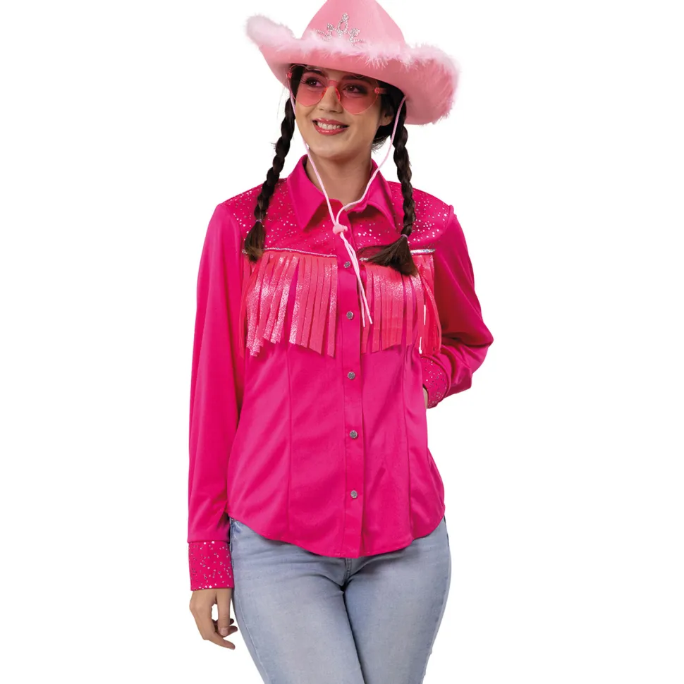 NEU Damen-Kostüm Western-Bluse Babe, pink mit Fransen, Gr. 34