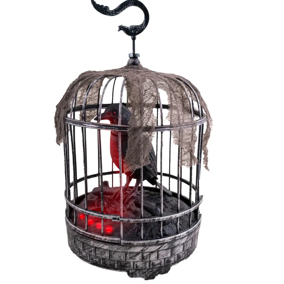 NEU Halloween-Deko-Figur Krähe im Käfig, mit Licht, Sound und Bewegung, ca. 25 cm