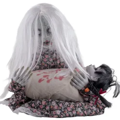 NEU Halloween-Deko-Figur Mädchen mit weinendem Baby, mit Licht, Sound und Bewegung, ca. 50 cm