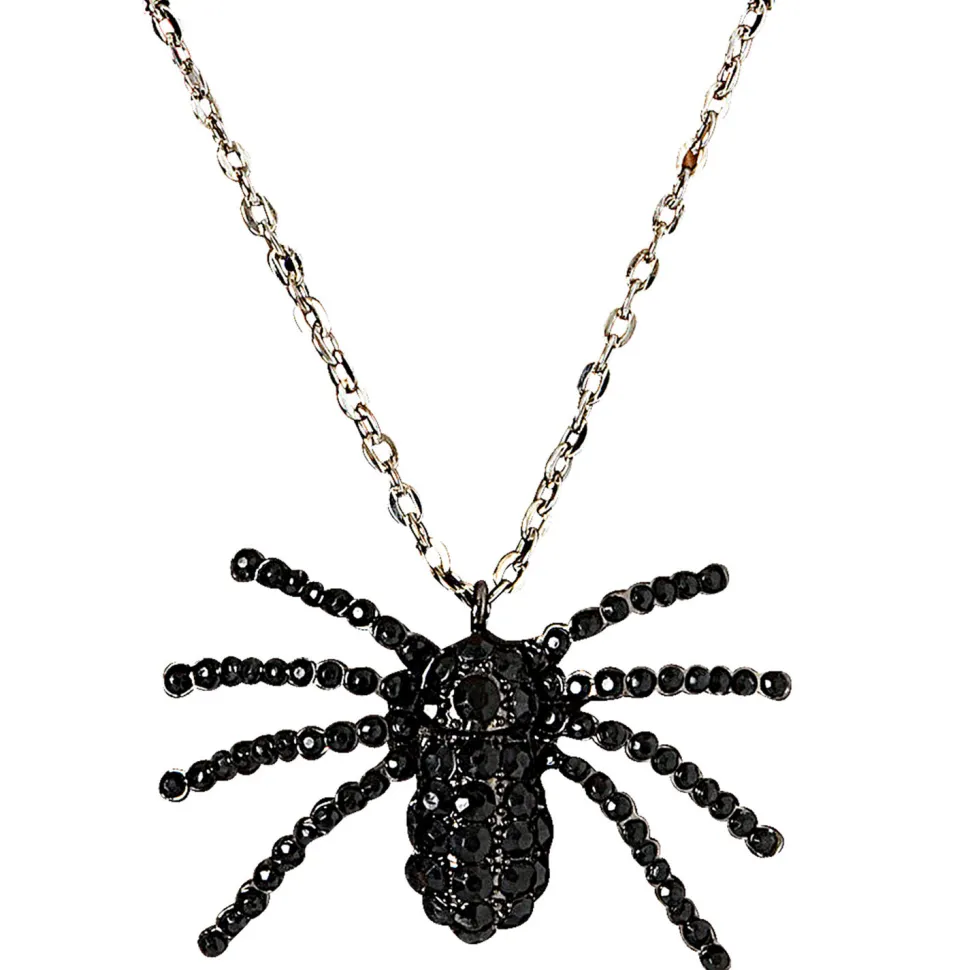 NEU Halloween-Kette mit großem strassbesetztem Anhänger in Spinnenform, Silber-Schwarz