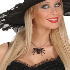 NEU Halloween-Kette mit großem strassbesetztem Anhänger in Spinnenform, Silber-Schwarz