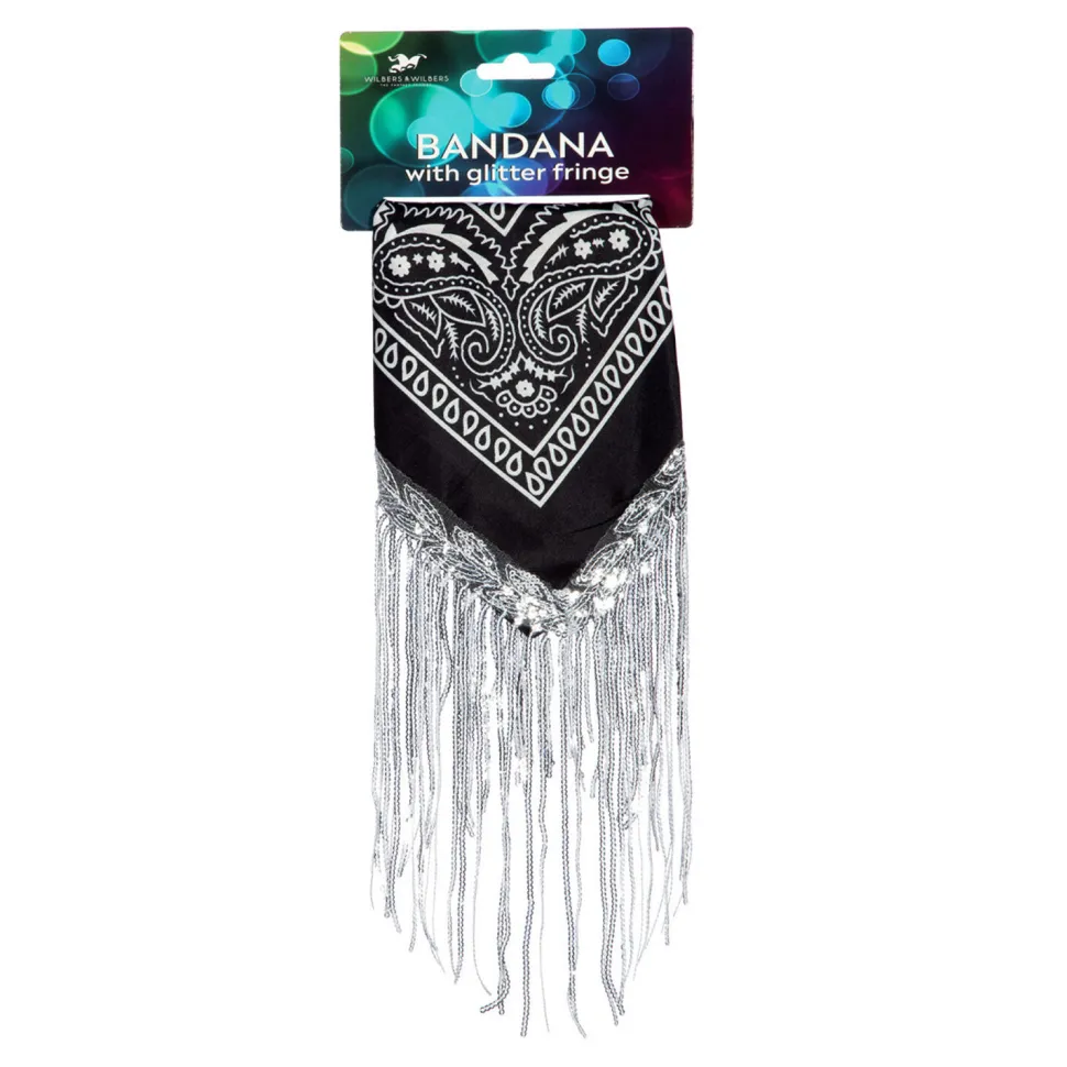 NEU Halstuch Bandana mit Strass-Fransen, schwarz-silber