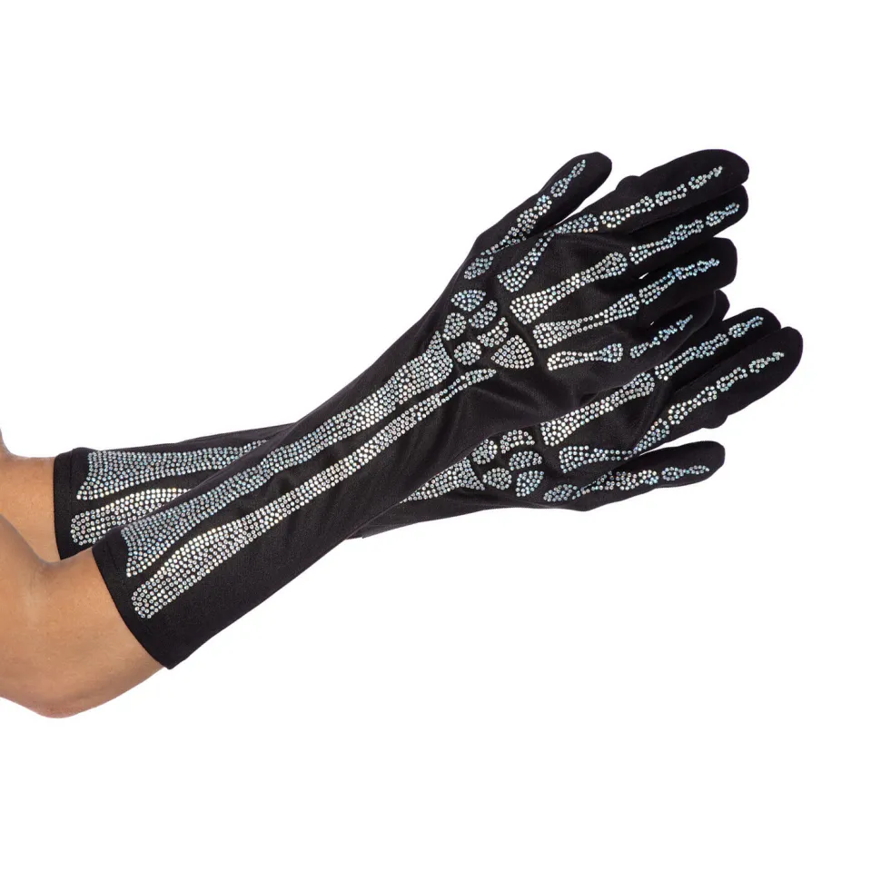 NEU Handschuhe Skelett mit Strasssteinen, schwarz-silber