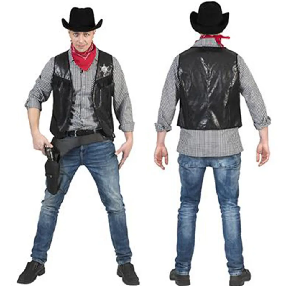 NEU Herren-Kostüm Cowboy-Weste mit Fransen und Sheriff-Stern, schwarz, Gr. 48-50