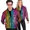 NEU Herren-Kostüm Disco-Bomberjacke mit Pailletten, Regenbogen-Leopard, Größe S-M