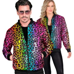 NEU Herren-Kostüm Disco-Bomberjacke mit Pailletten, Regenbogen-Leopard, Größe S-M