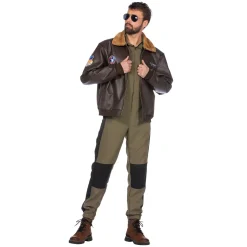NEU Herren-Kostüm Piloten-Jacke, mit Fellkragen, braun, Gr. S / 48