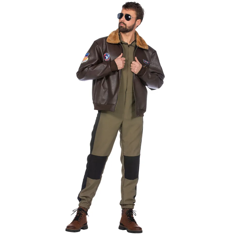 NEU Herren-Kostüm Piloten-Jacke, mit Fellkragen, braun, Gr. S / 48