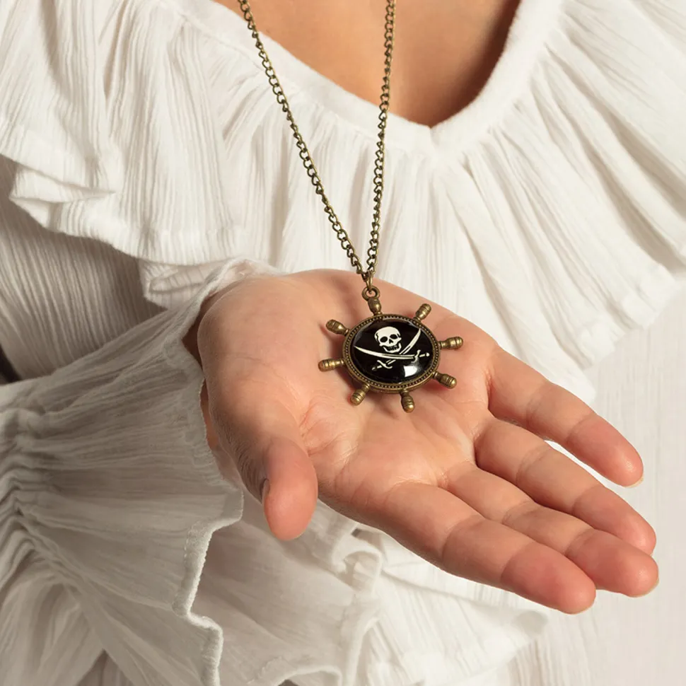 NEU Kette Pirat mit Totenkopf-Medallion, schwarz-gold