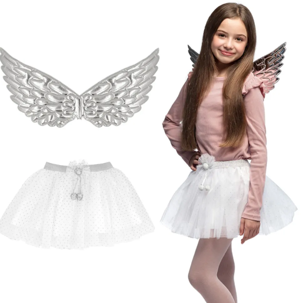 NEU Kinder-Kostüm Set Engelchen mit Flügel und Tutu, silber, Einheitsgröße