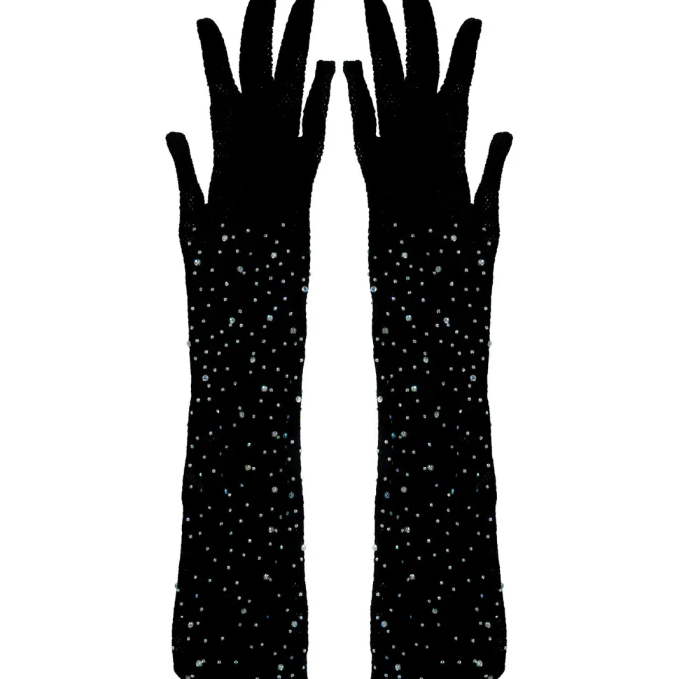NEU Netzhandschuhe mit Strasssteinen, 30cm, schwarz