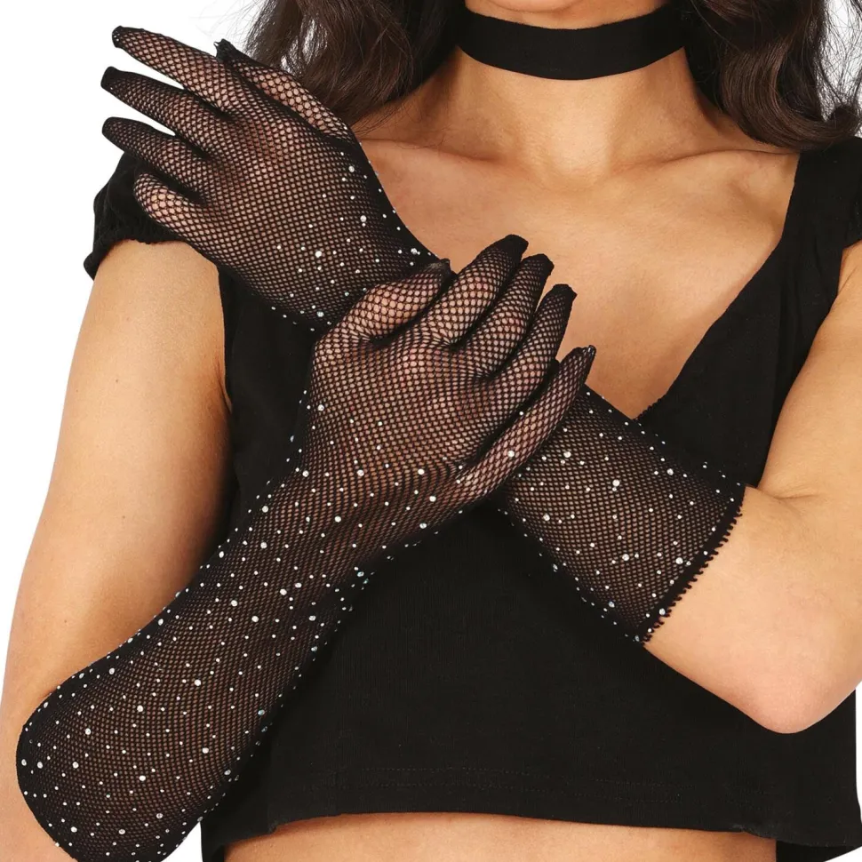 NEU Netzhandschuhe mit Strasssteinen, 30cm, schwarz