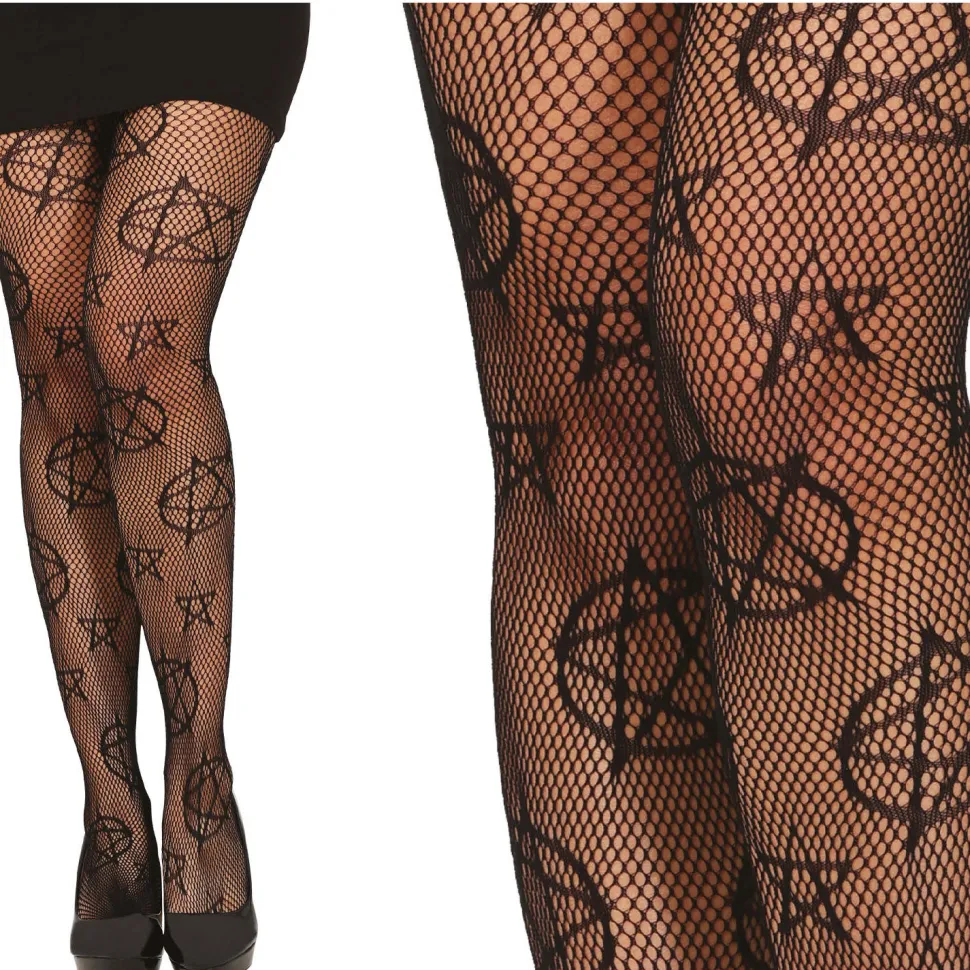NEU Netz-Strumpfhose mit satanischen Motiven, Einheitsgröße, schwarz